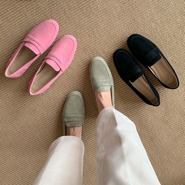 

dress shoes kidsuede loafers women slipon flats cowhide ladies mules genuine leather daily driving flats women basic moccasins big size 44 2, Black