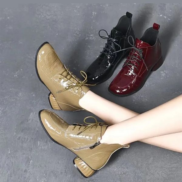 

boots luxury square scalp leather short boots women shoes patent leather women's boots thick low-heeled fashion ankle boots 230327, Black