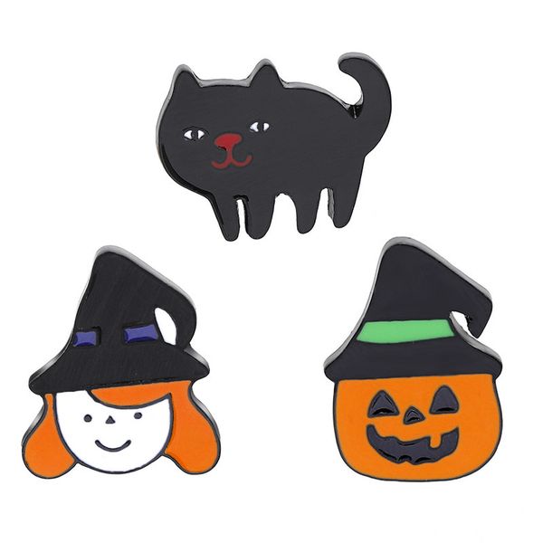 

cute creative witch brooches 3 pcs set pumpkin head black cat alloy badge gift accessories halloween jewelry, Gray