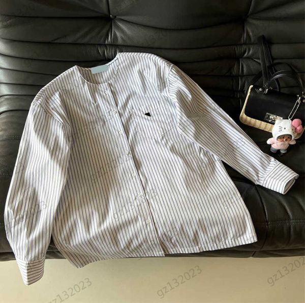 

womens blouses chest triangle logo fixed weave striped collarless shirts loose version vertical print french resort style blouses long sleev, White