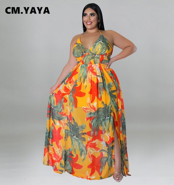 

plus size dresses cm yaya size floral print women spaghetti strap hatler v neck high waist big swing fit and flare backless maxi dress 23032, Black