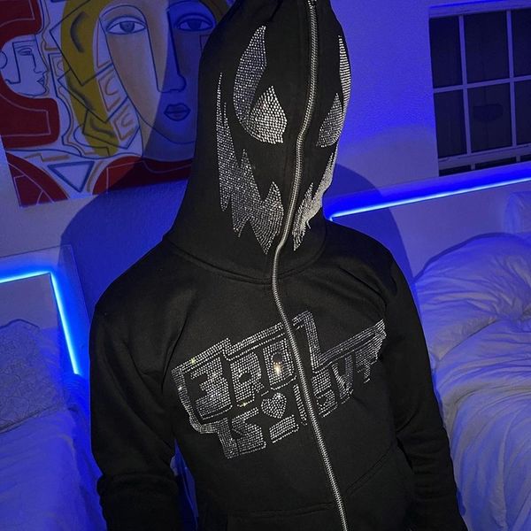 

mens hoodies sweatshirts y2k pakaian streetwear pria berlian imitasi kerangka kebesaran kaus y2k zip up musim gugur goth jaket grunge 230328, Black
