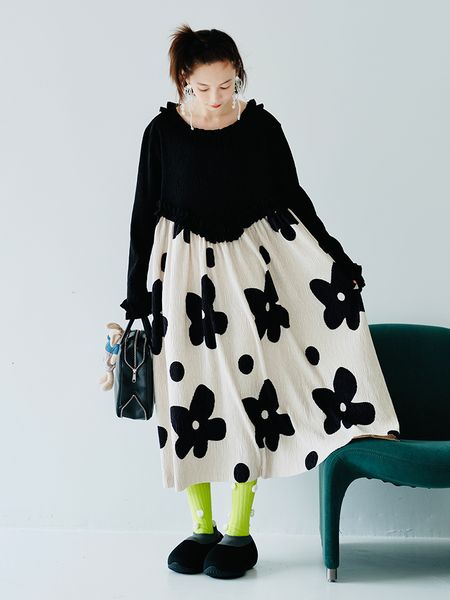 

casual dresses imakkoni 's desain asli kerah bulat gaun lengan panjang pullover motif bunga jahit rok menengah pakaian wanita 230328, Black;gray