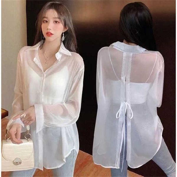 

women's blouses shirts women shirt blouse summer 2022 back long sleeve shirt loose fairy blusas mujer y2303, White