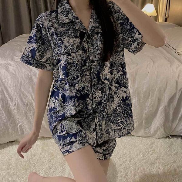 

women's sleepwear ink painting pajamas women ice silk short sleeves summer satin home wear thin pajamas female sleepwear ladies button, Black;red