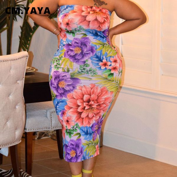 

plus size dresses cm yaya women dress size print sleeveless strapless sheath elastic mid calf office lady high street summer outfit 230328, Black