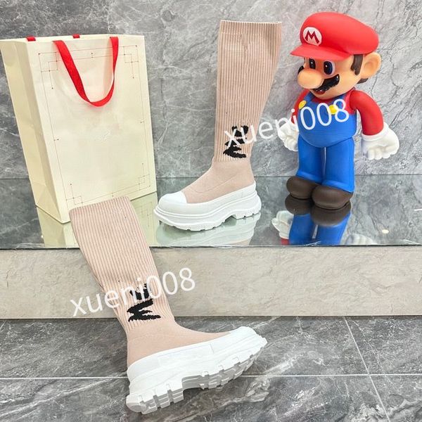 

women autumn socks flat long boots fashion knitted elastic boot designer alphabetic lady letter thick platform women shoes large, Red;white