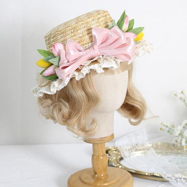 

caps hats lolita lace sun hats for child wide brim straw beach side cap floppy female dome fringe straw hat kids summer panama a1475 230328, Yellow