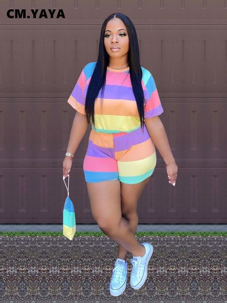 

ethnic clothing cm.yaya rainbow striped two 2 piece set for women summer casual elegant basic sport tracksuit sport fashion sweatsuit 230327, Red