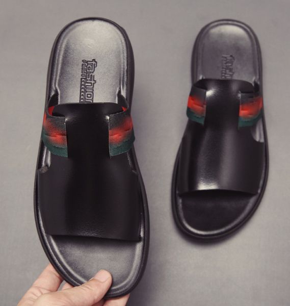 

mens sandals casual slippers summer leather platform outdoor beach male shoes non-slip indoor walking luxury sports flat, Black