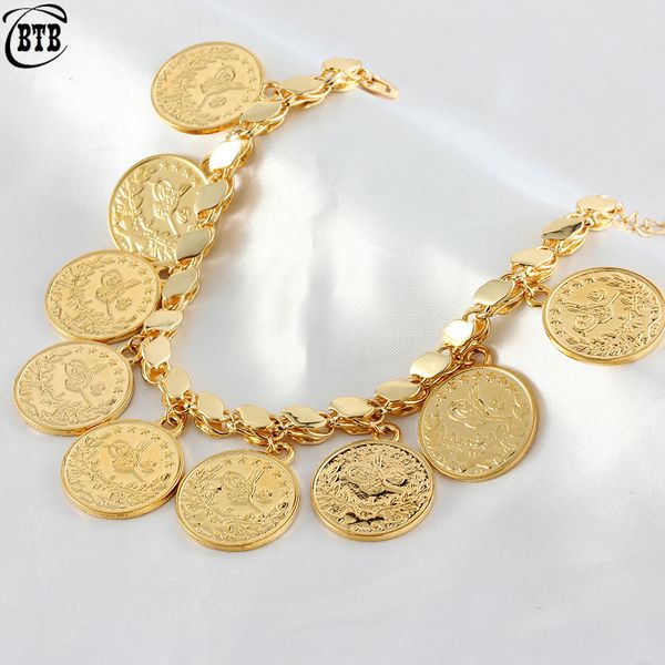 

charm bracelets punk personality gold plated portrait coins bracelet bangle for women round pendant carved turkish flower jewelry accessorie, Golden;silver