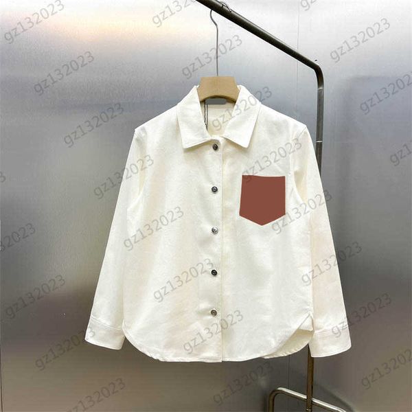 

womens blouses fashion brand stitching leather pocket lapel long sleeves shirts custom imported oxford cotton fabric classic neutral style l, White