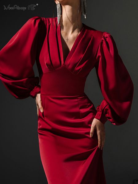 

casual dresses mnealways18 party elegant women red dress lantern long sleeve v-neck evening midi dress ruched ladies satin dresses 230327, Black;gray