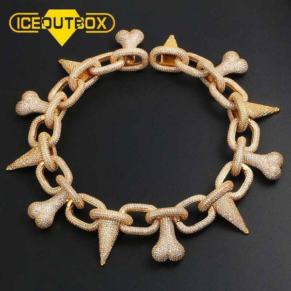 

hip hop jewelry gold color full diamond iced out cz rivet long bone bracelet for men, Golden;silver
