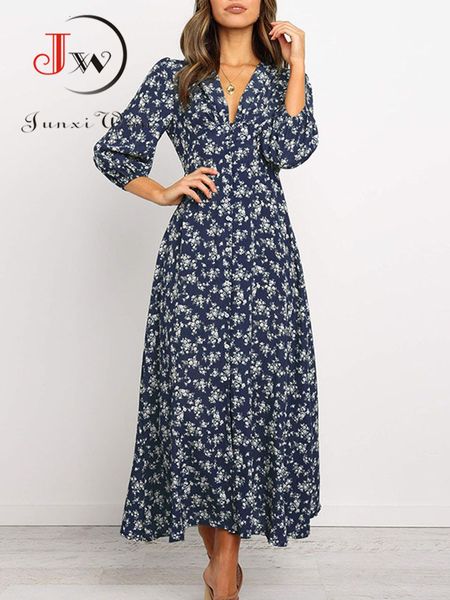 

casual dresses women summer elegant floral print maxi dress boho three quarter sleeve v neck casual office long dress beach robe tunic 23032, Black;gray