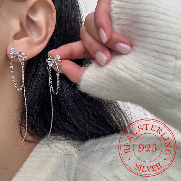 

charm korean 925 sterling silver crystal bowknot long crystal stud earrings for women wedding party jewelry gift female pendientes aa230327, Golden
