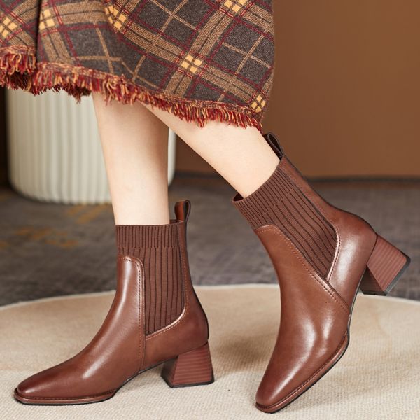 

boots office ladies casual women ankle boots autumn winter concise genuine leather knitting thick high heels basic shoes 230327, Black