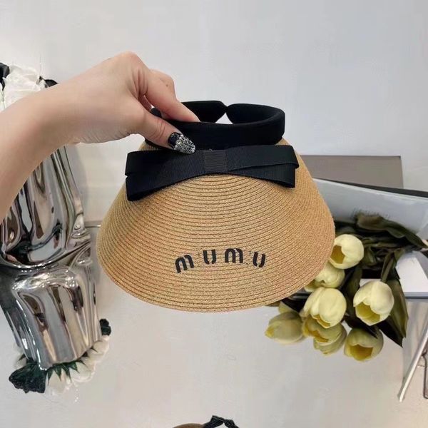 

ball caps miu women's empty hat designer beanie cap sun protection uv bowknot large brim straw hats02, Blue;gray