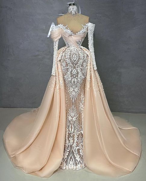 

exquisite mermaid evening dresses long sleeves v neck appliques sequins 3d lace hollow detachable train pearls floor length prom dresses plu, Black;red