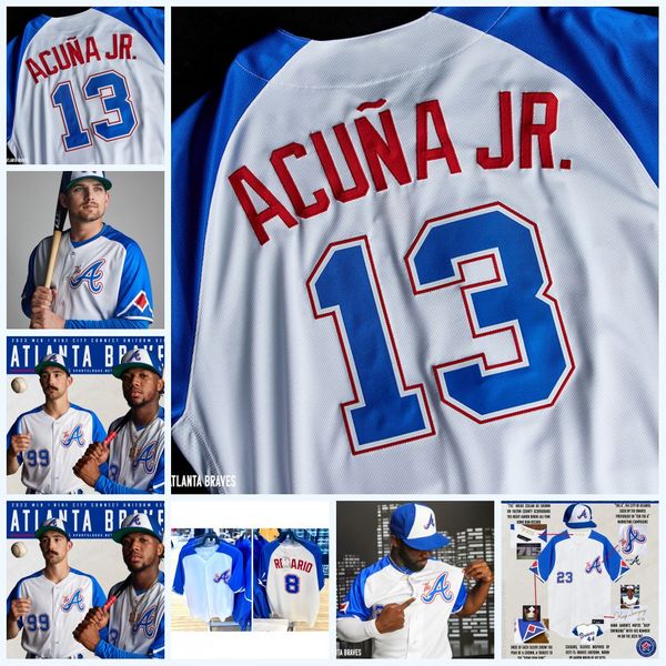 

ronald acuna jr. 2023 city connect baseball jersey 27 austin riley matt olson michael harris ii atlanta hank aaron bravesozzie albies spence, Blue;black