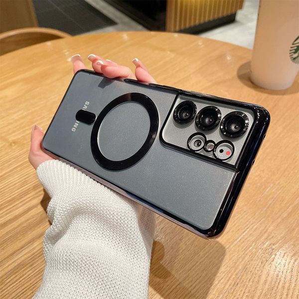 

Electroplated transparent suitable for Samsung s23ultra mobile phone case magnetic charging S22Plus all-inclusive lens film soft case, Gold