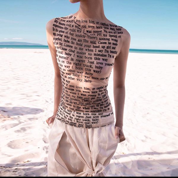 

women's t shirts summer mesh see through letter print for women 2023 o neck sleeveless street bodycon flesh tee female, White