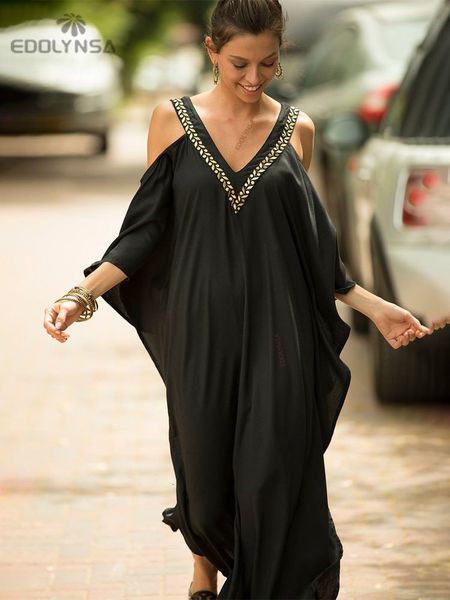 

casual dresses cold shoulder v neck bats sleeve loose summer beach dress plus size women beachwear kaftan black dress q943 230327, Black;gray