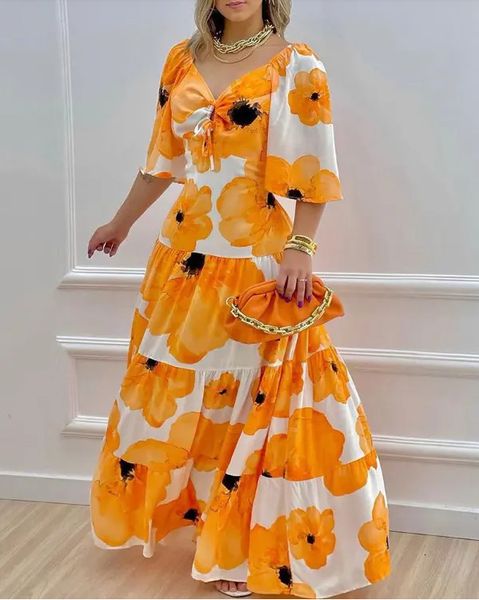 

casual dresses floral print bell sleeve tie front maxi dress 230327, Black;gray