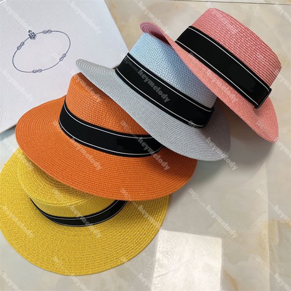 

8 colors designer beach caps ribbon woven straw hats sunshade basin hat for men women, Blue;gray
