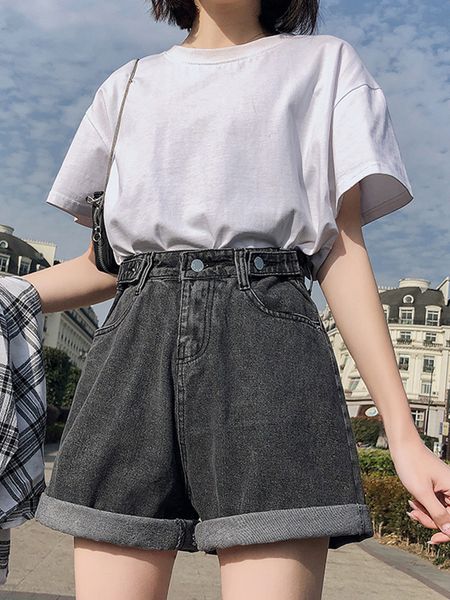 

women's shorts ftlzz summer women high waist button wigh leg jeans shorts casual female loose fit blue denim shorts 230327, White;black