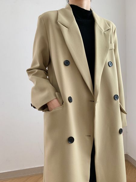 

women's jackets setelan warna solid musim semi 2023 mantel jas korea kasual hitam longgar wanita berkancing dua baris panjang menengah, Black;brown
