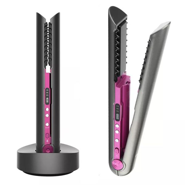 

hair straighteners wireless straightener with charging base flat iron mini 2 in 1 roller usb 4800mah portable cordless curler dry and wet us, Black