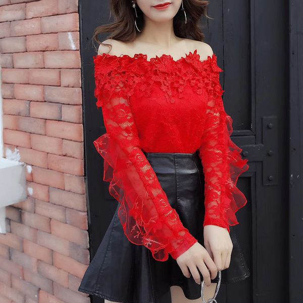 

women's blouses shirts autumn women summer mesh blouse sweet floral lace shirt female ruffles tassel slash neck blouse blusas short ab, White
