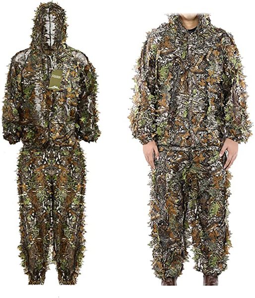 

ghillie suit gilly hunting sets pants 3d leaf camo camouflage coveralls youth lightweight clothes for jungle hunting wildlife pgraphy or hal, Black;green