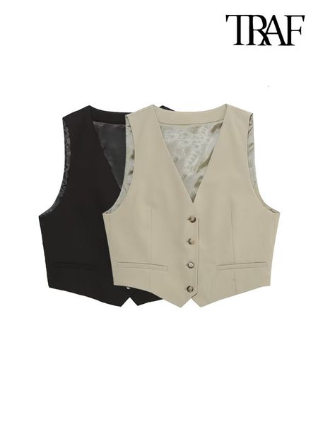 

women's vests traf women fashion front button cropped fitted waistcoat vintage v neck sleeveless female outerwear chic vest 230328, Black;white
