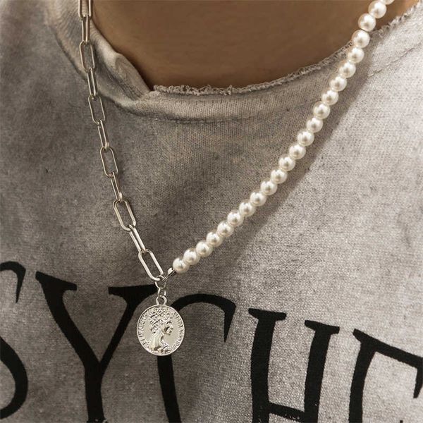 

pendant necklaces new exquisite portrait pendant necklace creative hip hop punk style stitching pearl necklace men's jewelry brother pa, Silver