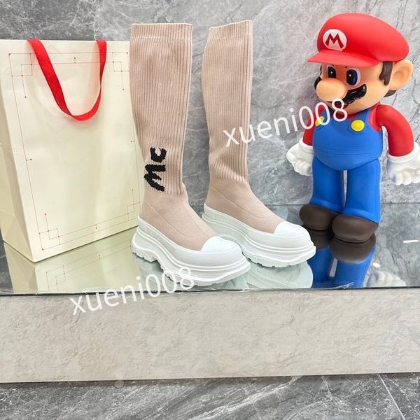 

autumn winter socks flat long boots fashion knitted elastic boot designer alphabetic lady letter thick platform women shoes large, Red;white