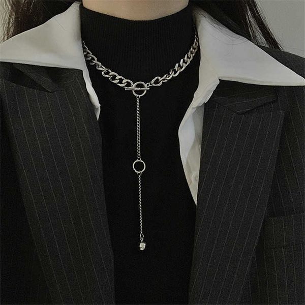 

pendant necklaces hip hop punk circle long chain pendant chunky cuban chain clavicle choker necklace for women gothic fashion statement jewe, Silver