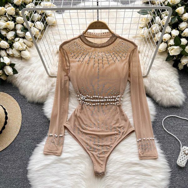 

nxy beading sequins mesh bodysuits women neck summer party club long sleeves ladies fashion solid rompers 230328, Black;white