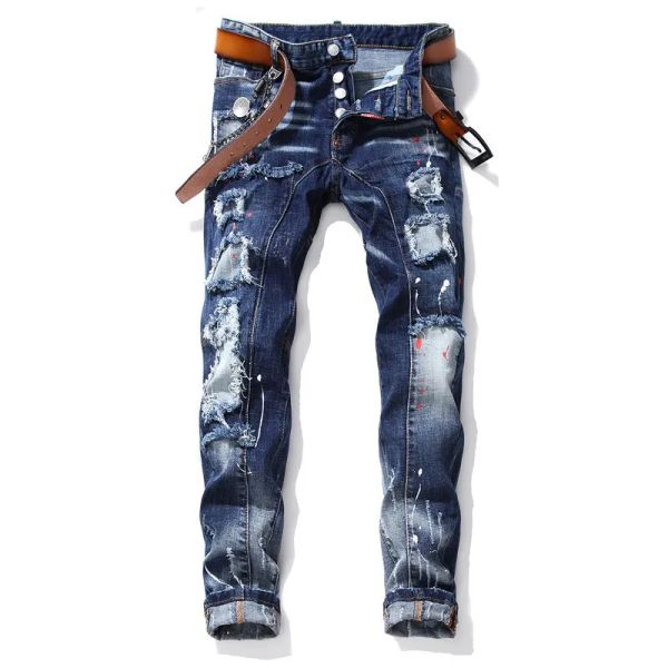

mens jeans designer jeans jeans for mens mens slim fit elastic embroidery five pointed star cat whisker whitening mens broken hole, Blue