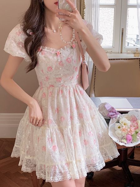 

casual dresses floral lace korean sweet dress women france vintage elegant party mini dresses female print casual beach boho fairy dress sum, Black;gray