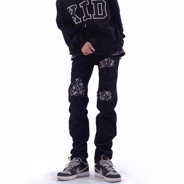 

mens jeans american high street cashew flower mens skinny black hole slim fit small feet hiphop pants male streetwear 230327, Blue