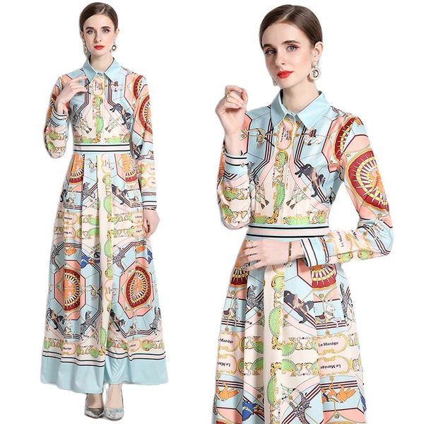 

2023 spring vintage printed button maxi dress long sleeve designer women fashion casual office shirt dresses ladies a line resort party cock, Black;gray