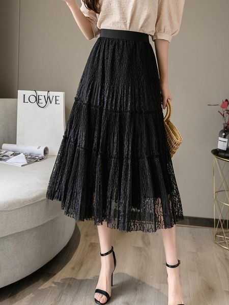 

dresses tigena 2022 new spring elegant midi long lace skirt women korean fashion solid a line high waist mid-length skirt female, Black;gray