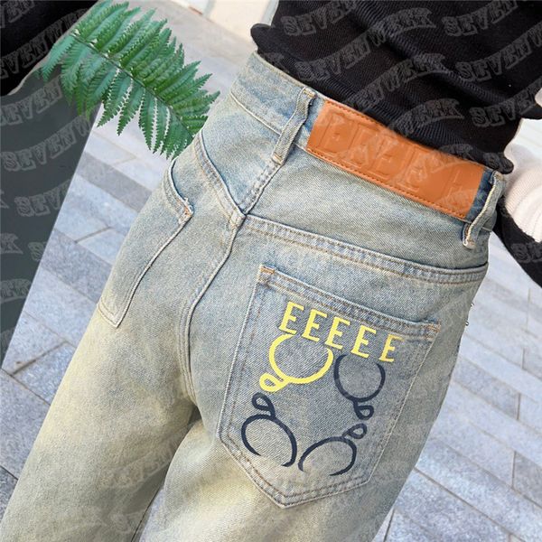 

women jeans trousers designer printed high waist wide leg denim pants fashion hiphop streetwear long pant, Blue