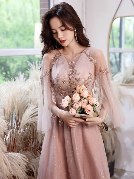 

2023 pink bridesmaid dresses v-neck illusion a-line backless appliques beading tulle evening prom gowns with flare sleeves, White;pink