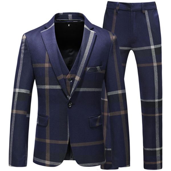 

men's suits blazers jacket vest pants men suits fashion grid men slim fit business groom wedding plaid blazers coat 3 pieces sets 23032, White;black
