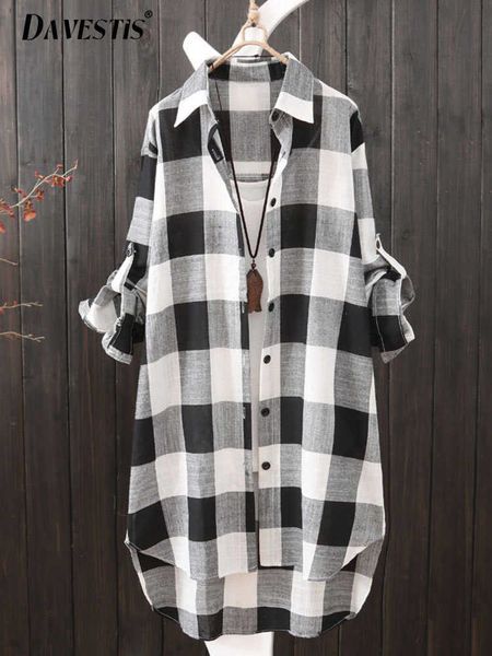 

women's blouses shirts plaid midi shirt women 2023 spring summer fashion color matching loose blouses and shirt women casual long sleev, White