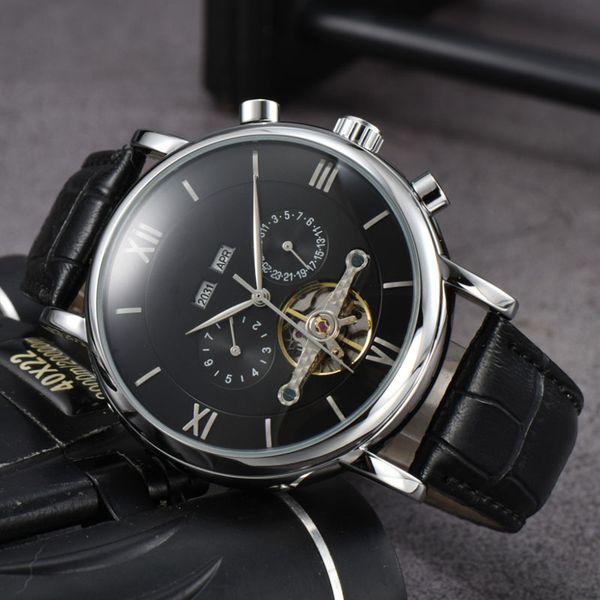 

aaa 2023 new leather mechanical men's stainless steel automatic watch sports mens self-wind watches tourbillon male wristwatches, Slivery;brown