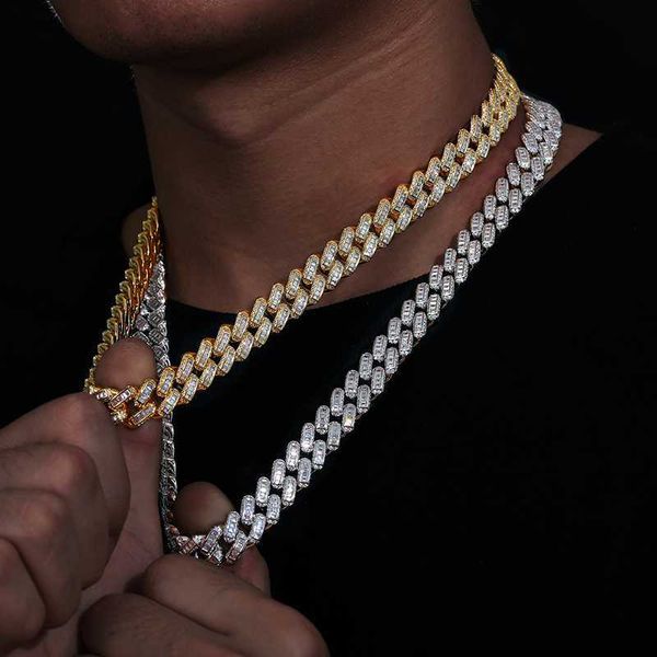 

iced out hip hop jewelry 12mm 14k 18k gold plated brass 5a baguette cz diamond cuban link chain necklace, Silver